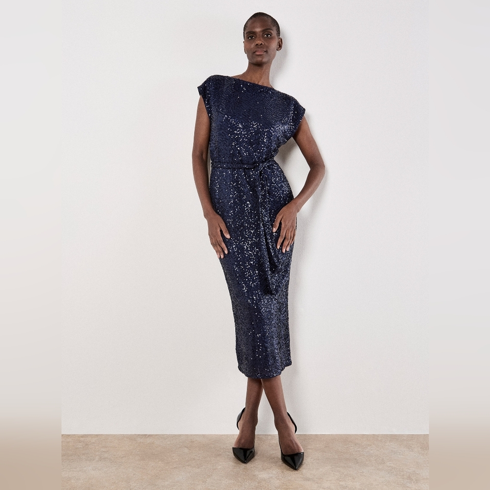 Navy Chevron Sequin Long Dress